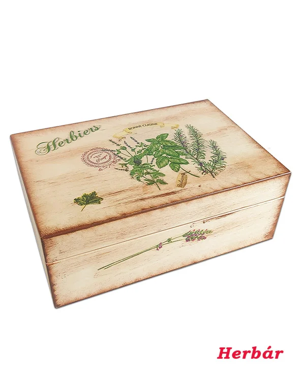 Maľovaná drevená čajová kazeta - vzor herbár