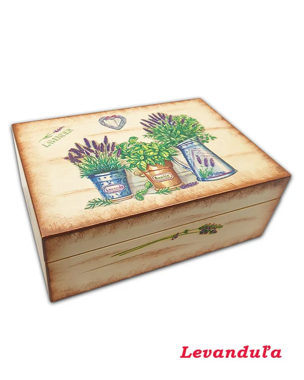 Maľovaná drevená čajová kazeta - vzor levanduľa