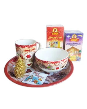Vianočný čajový set - linecké + hrnček, miska, tácka a sviečka