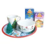Vianočný čajový set - snehuliak + hrnček, miska, tácka a sviečka