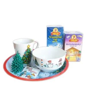 Vianočný čajový set - snehuliak + hrnček, miska, tácka a sviečka